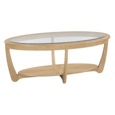 Nathan Shadows Glass Top Oval Coffee Table. Oak Finish.