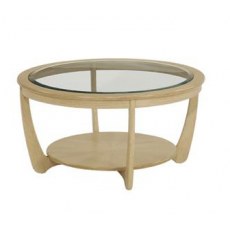 Nathan Shadows Glass Top Round Coffee Table. Oak Finish.