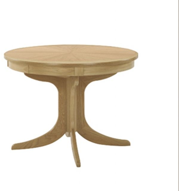 Qualita Furniture Nathan Shadows Circular Pedestal Dining Table with Sunburst Top. Oak Finish.