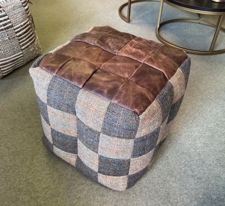 Vintage Patchwork Wool Bean Bag with Leather Top