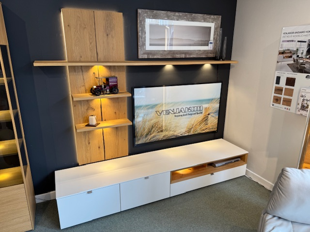 240cm Lowboard, Wall Panel With Shelves & Lighting