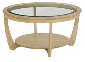 Qualita Furniture Nathan Shadows Glass Top Round Coffee Table. Oak Finish.